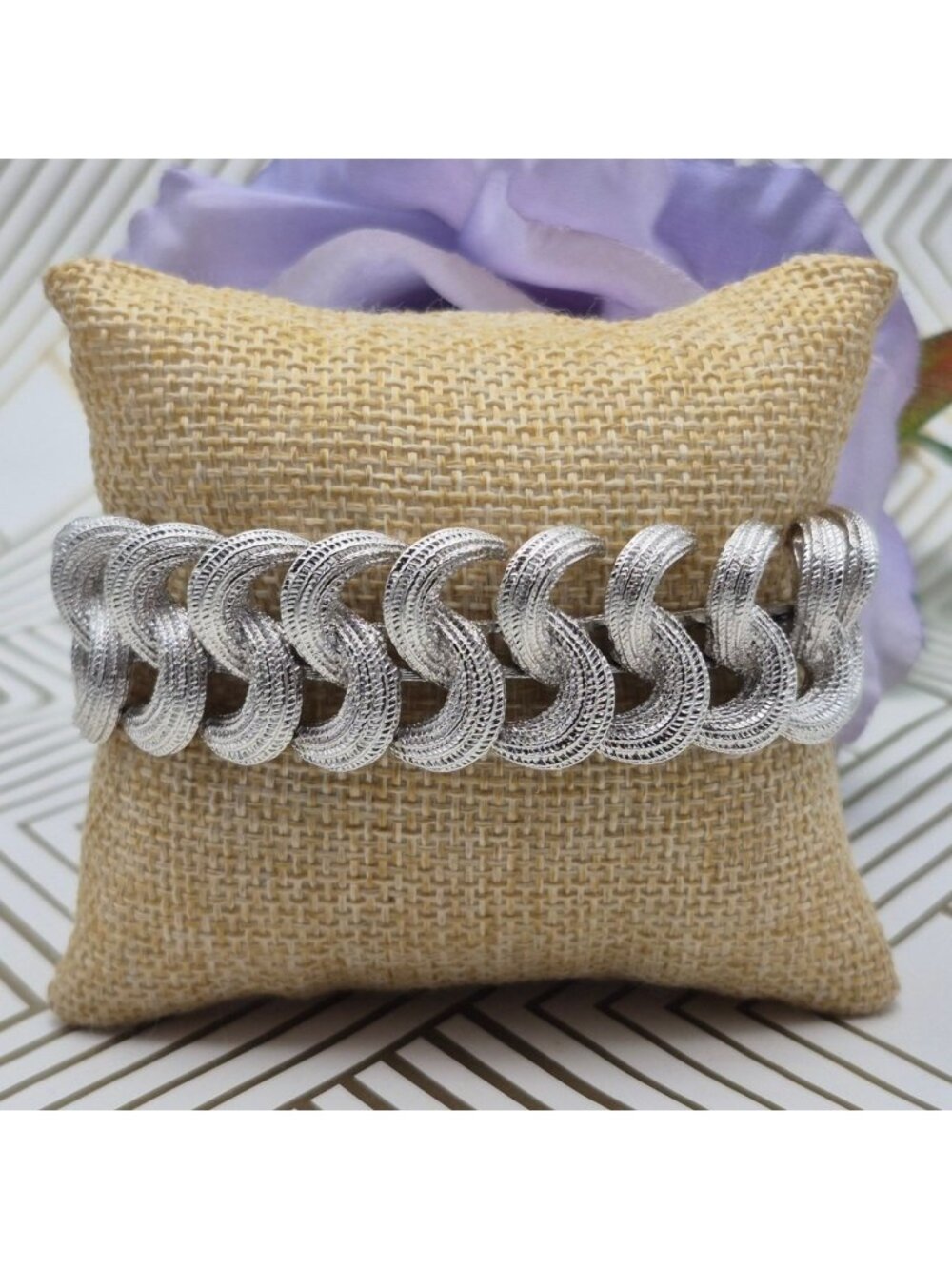 Vintage Monet Silver Tone Textured S Link Bracelet Chunky Statement Jewelry